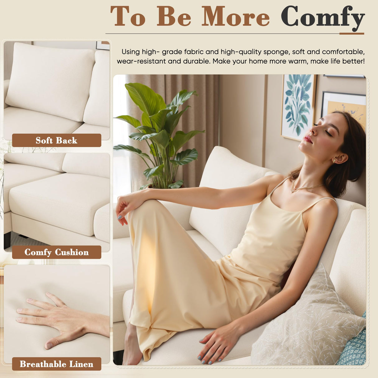 Homall Sofa for Living Room, Couch with Convertible Chaise, 3 Seat L-Shaped Sofas, Comfy Fabric Couches for Apartment, Small Space, White Homall