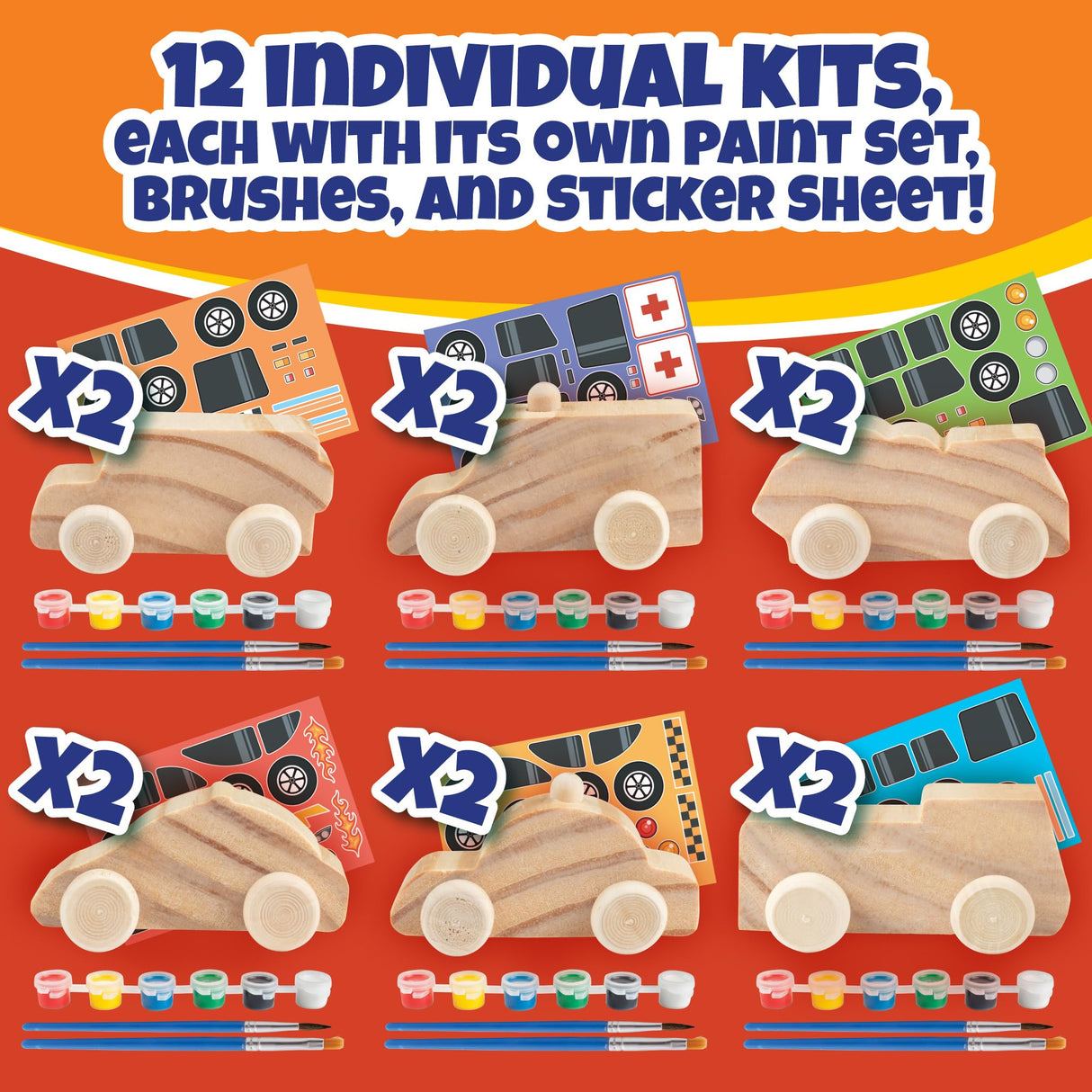 Kids Party Wood Painting Craft Kits (12ct) 3-D Cars - Each Kit Has its Own Brush, Paint, & Figure- 6 Designs Include Taxi, Trucks & More w Bonus Customizable Sticker Decals- Summer Camp Party Activity SCS Direct