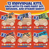 Kids Party Wood Painting Craft Kits (12ct) 3-D Cars - Each Kit Has its Own Brush, Paint, & Figure- 6 Designs Include Taxi, Trucks & More w Bonus Customizable Sticker Decals- Summer Camp Party Activity SCS Direct