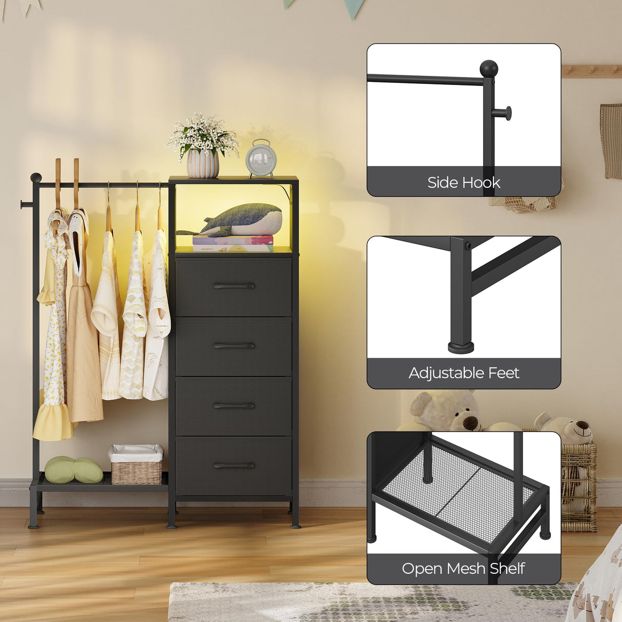 TRIFEBLE Dresser for Bedroom with Reversible Hanging Rack, 4 Drawers Dresser with LED Lights, Fabric Dressers with Open Shelf, Chest of Drawers with Clothes Rack, Kids Dressers for Bedroom, Black TRIFEBLE