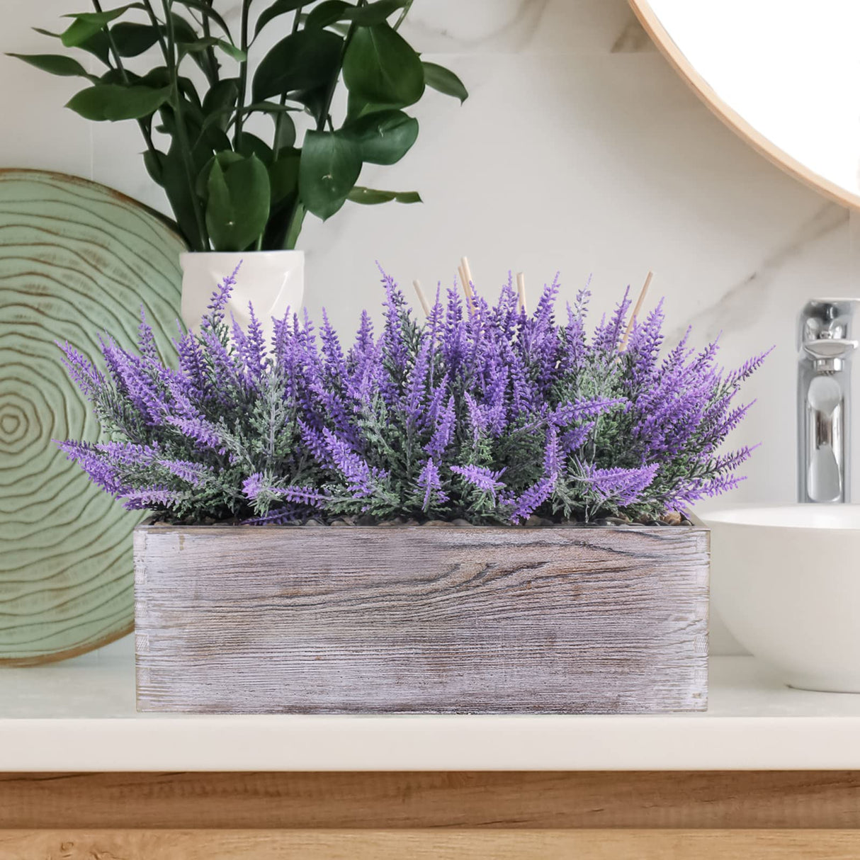 Fake Lavender Flower Arrangement in Rustic Rectangular Wood Planter Box Artificial Potted Lavender Plant for Gifts Farmhouse Wedding Centerpiece Kitchen Windowsill Table Shelf Indoor Greenery Decor Winlyn