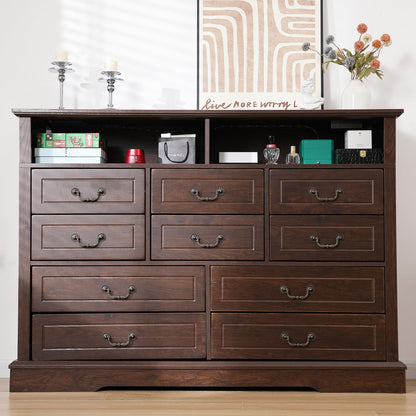 EnHomee Farmhouse Dresser for Bedroom 55.2''Wide Wood Dresser with LED & Power Outlet Vintage 10 Drawers Dressers & Chests of Drawers Long Dresser TV Stand, Closet, Entryway, Rustic Brown - WoodArtSupply