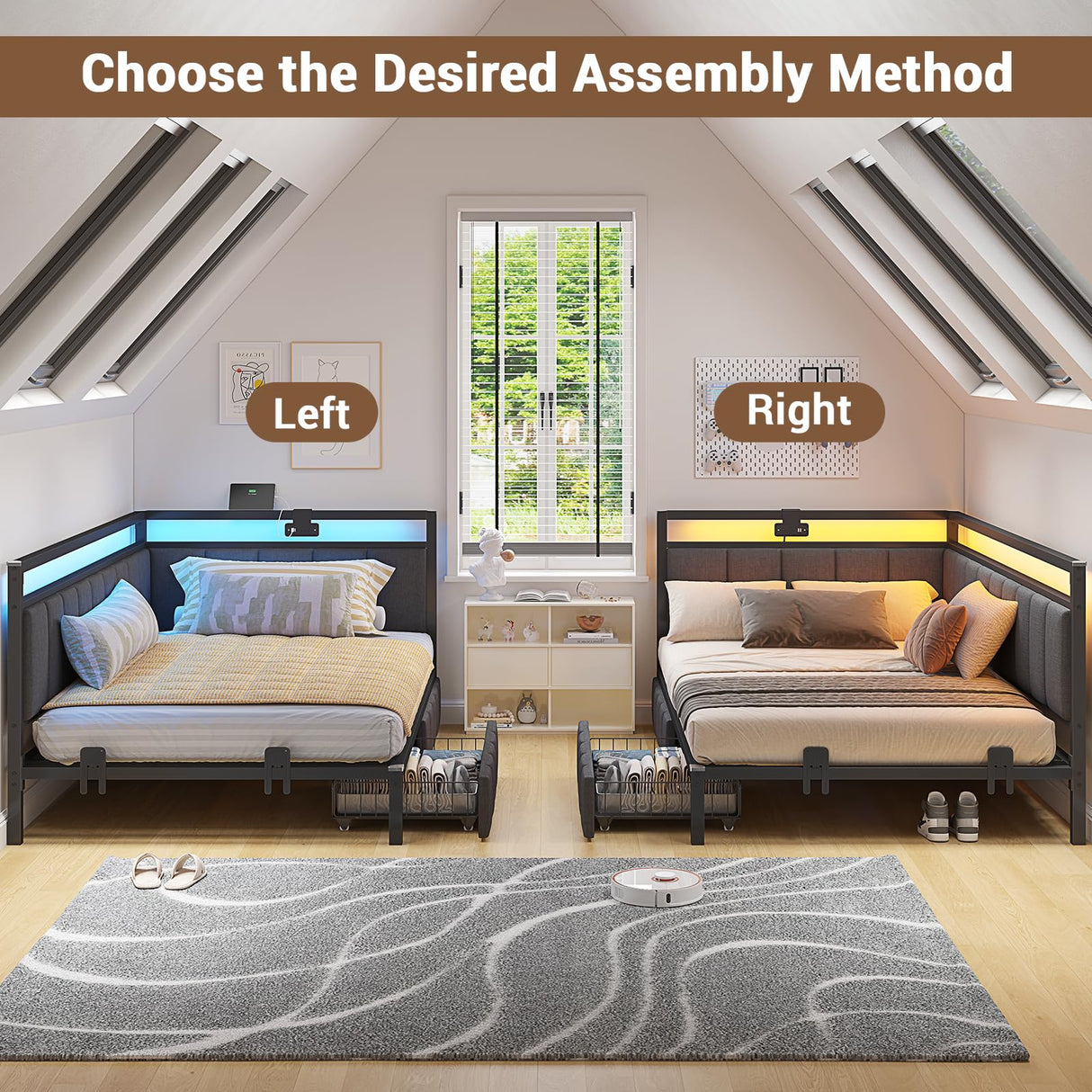 Hasuit Corner Bed Frame with Storage Drawers, Twin Daybed with Line Fabric Upholstered Fence, Kids Bed Unit with LED Light and Charging Station, Modern Bed Frame Twin Size, Gray Hasuit