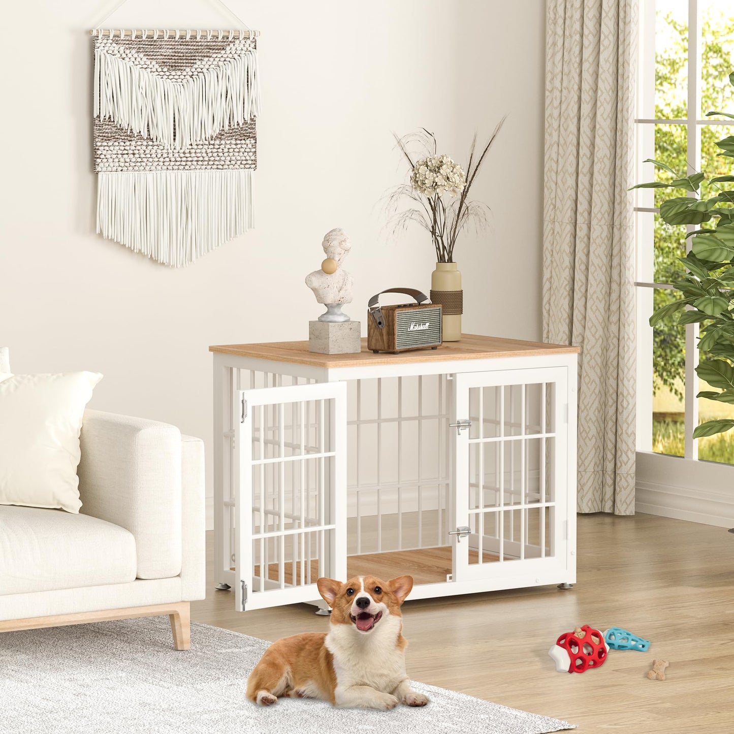 rehomerance Heavy Duty Dog Crate Furniture for Medium and Small Dogs, Decorative Pet House End Table, Wooden Cage Kennel Furniture Indoor, White and Natural - WoodArtSupply