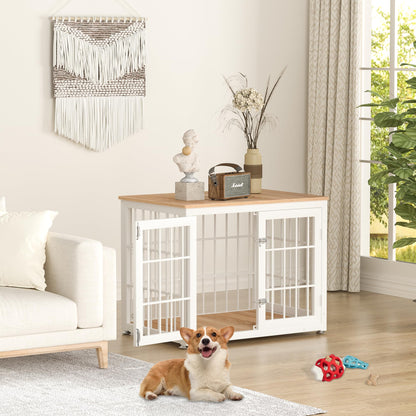 rehomerance Heavy Duty Dog Crate Furniture for Medium and Small Dogs, Decorative Pet House End Table, Wooden Cage Kennel Furniture Indoor, White and Natural - WoodArtSupply