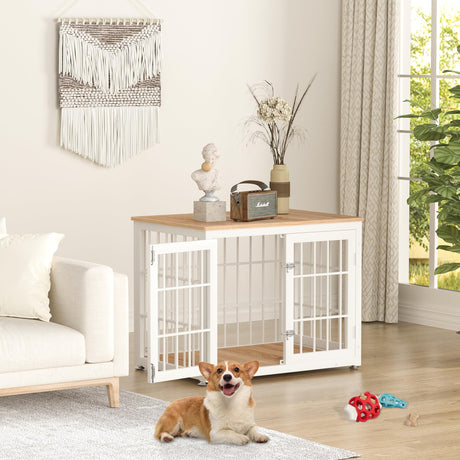 rehomerance Heavy Duty Dog Crate Furniture for Medium and Small Dogs, Decorative Pet House End Table, Wooden Cage Kennel Furniture Indoor, White and Natural rehomerance
