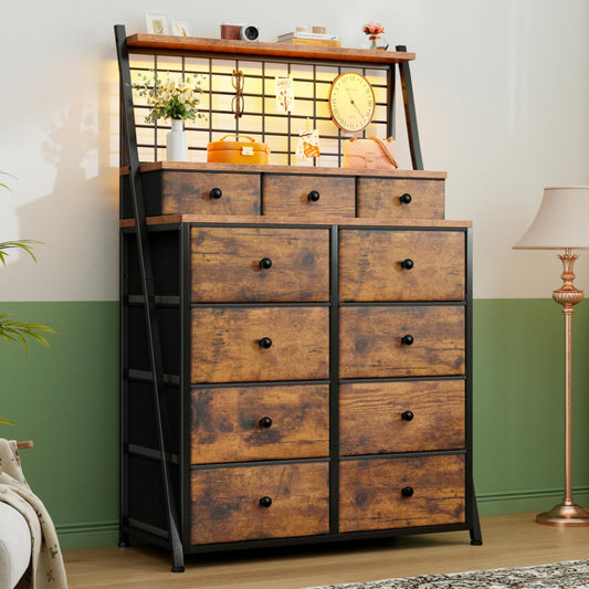 EnHomee Dresser for Bedroom with 11 Drawers Tall Dresser with LED Lights Fabric Chests of Drawers with Grid Wall Panel,3 Tier Shelves,Metal Frame,Closet,Study,Rustic Brown,33.9" Wx11.8 Dx51.2 H