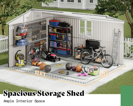 AMERLIFE 10x12x7 FT Galvanized Steel Storage Shed with 2 4-Pane Windows Hinged Double Doors, Outdoor Shed for Backyard, Garden, Patio, Dark Grey/White AMERLIFE