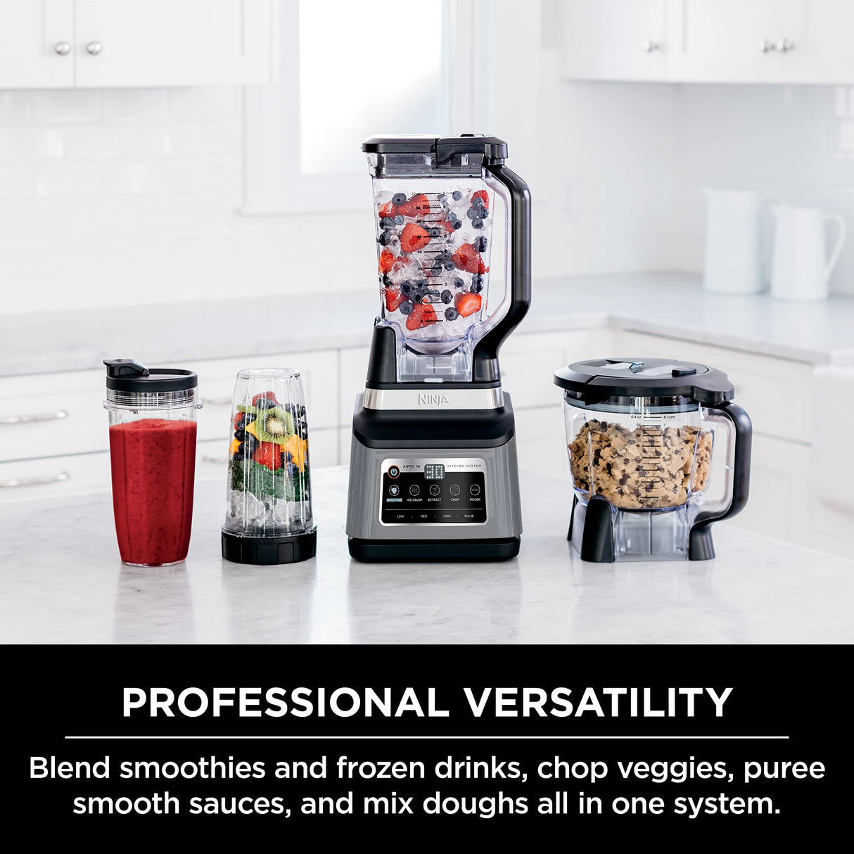 Ninja BN801 Professional Plus Kitchen System, 1400 WP, 5 Functions for Smoothies, Chopping, Dough & More with Auto IQ, 72-oz.* Blender Pitcher, 64-oz. Processor Bowl, (2) 24-oz. To-Go Cups, Grey Ninja