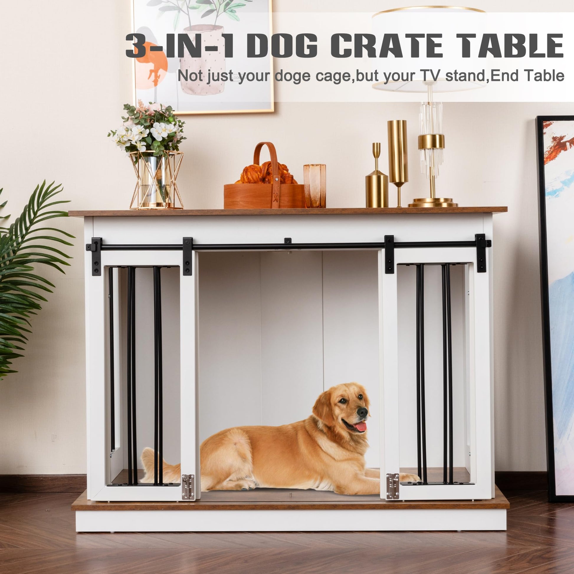 Sunseen Dog Crate Furniture with Divider,Wooden Dog Kennel End Table,Large Breed Dog House Indoor for One Large Dog or Two Small Dogs,Double Doors,47''W*24''D*35''H,White - WoodArtSupply