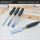 GREBSTK 4 Piece Wood Chisel Set for Woodworking, Professional CR-V Steel Bevel-Edge Bench Chisels, Extra Large High Impact Handle GREBSTK