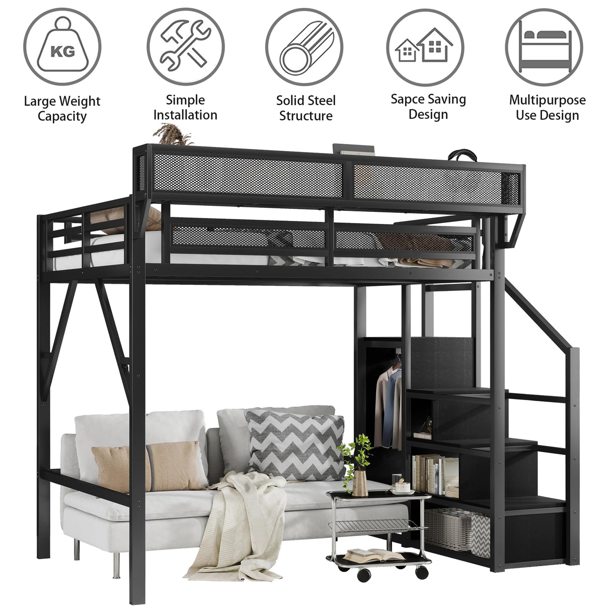 MoproBeti Full Size Loft Bed with Stairs, Metal Loft Beds Full with Storage Shelves, Adults Loft Bed with Wardrobe, Heavy Duty High Lofted Bed for Teens,Black +Black Stair MoproBeti