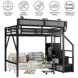 MoproBeti Full Size Loft Bed with Stairs, Metal Loft Beds Full with Storage Shelves, Adults Loft Bed with Wardrobe, Heavy Duty High Lofted Bed for Teens,Black +Black Stair MoproBeti