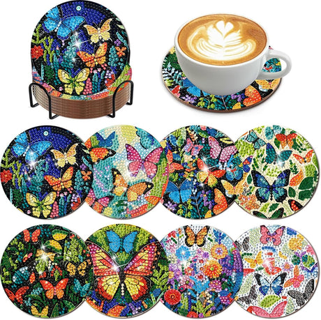 EWJRNSF 8 PCS Diamond Art Coasters Kit, Small Diamond Painting Coasters, Fall Butterfly Diamond Art Kits for Adults Beginners, Arts and Crafts Supplies Item Sets with Holder EWJRNSF