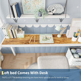 GarveeHome Loft Bed Twin Size with Large Desk and 2-Tier Storage Shelves, Heavy Duty Metal Loft Bed with Ladder and Guardrail for Kids and Adults, Steel Slats Support, Space Saving, White and Brown GarveeHome