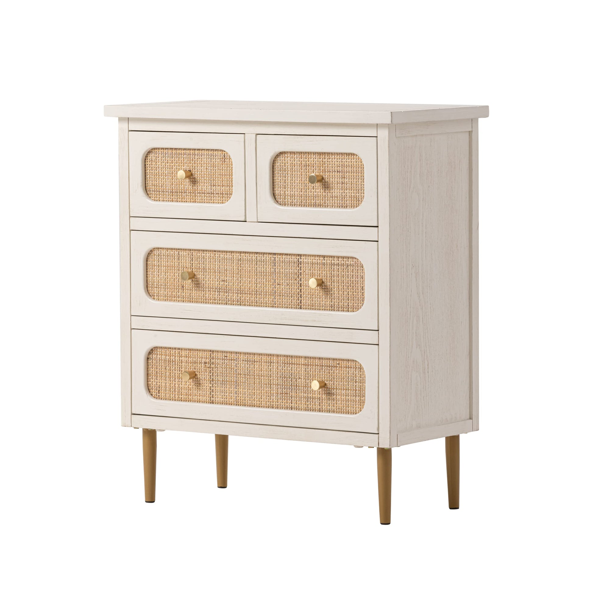 LONYKE Wicker Rattan Chest of Drawers, 4-Drawer Dresser, White Finish Wooden Storage Cabinet, Modern Farmhouse Accent Table, Boho Mid-Century Coastal Sideboard - WoodArtSupply