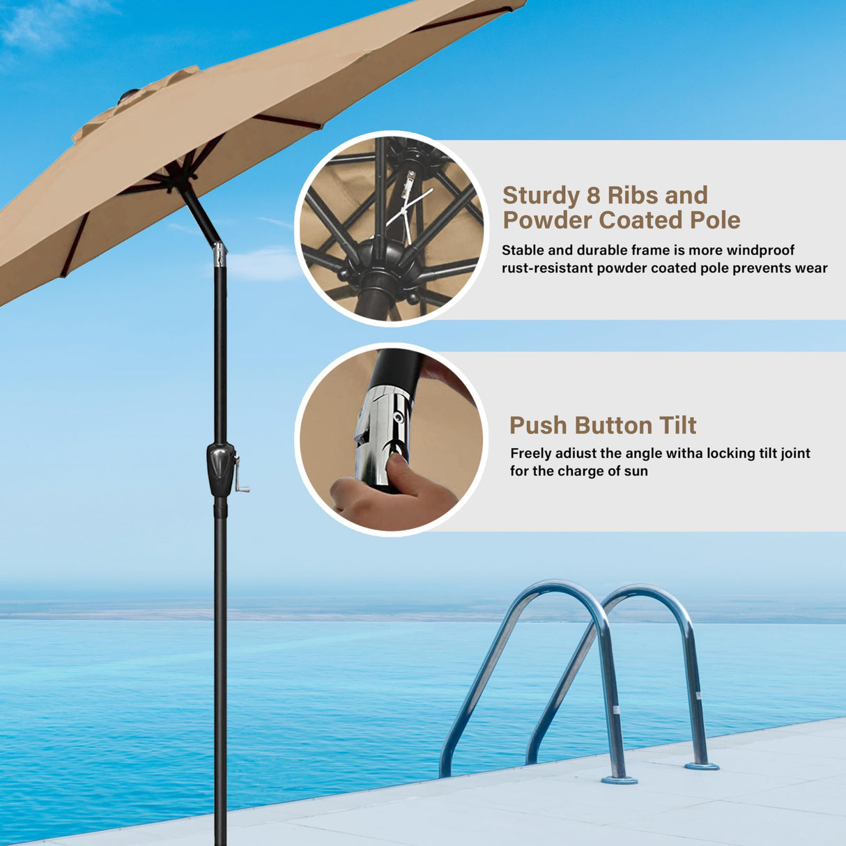 HealSmart 9ft Patio Umbrella with Push Button Tilt/Crank, Outdoor Table Market Yard Umbrella with 8 Sturdy Ribs for Garden, Backyard, Deck, Pool, Tan HealSmart