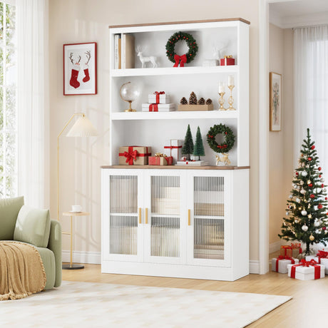 FACBOTALL Tall Storage Cabinet, 73" Kitchen Pantry Cabinet with Doors, Kitchen Cupboard Open Shelf, 5 Tier Tall Bookcase with Storage for Living Room, Kitchen, White FACBOTALL