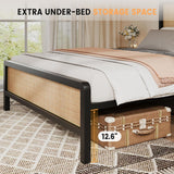 Full Size Metal Platform Bed Frame Natural Rattan Headboard, Bohemian Mattress Foundation with Strong Slats Support, No Box Spring Needed/Under Bed Storage/Non-Slip Without Noise/Easy Assembly SunnyFurn