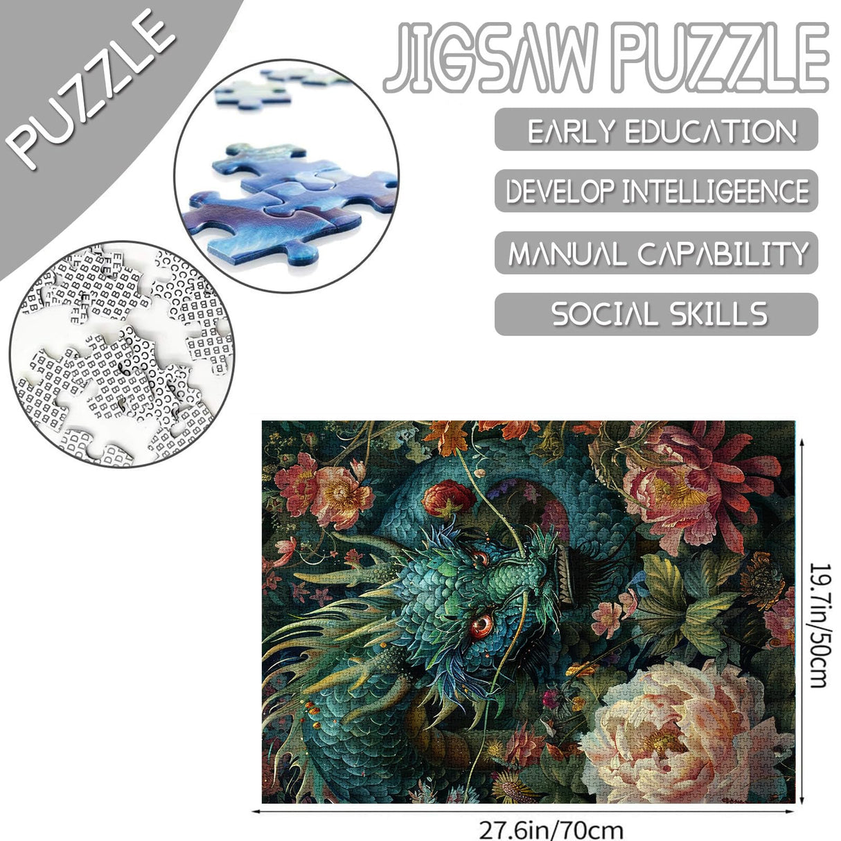 Dragon Jigsaw Puzzle 1000 Pieces Puzzles for Adults, Dinosaur Jigsaw Puzzles for Challenging Family Activity Games DIY Flowers Puzzle for Home Wall Decor Gifts - 20 x 27 Inches Aihonmin