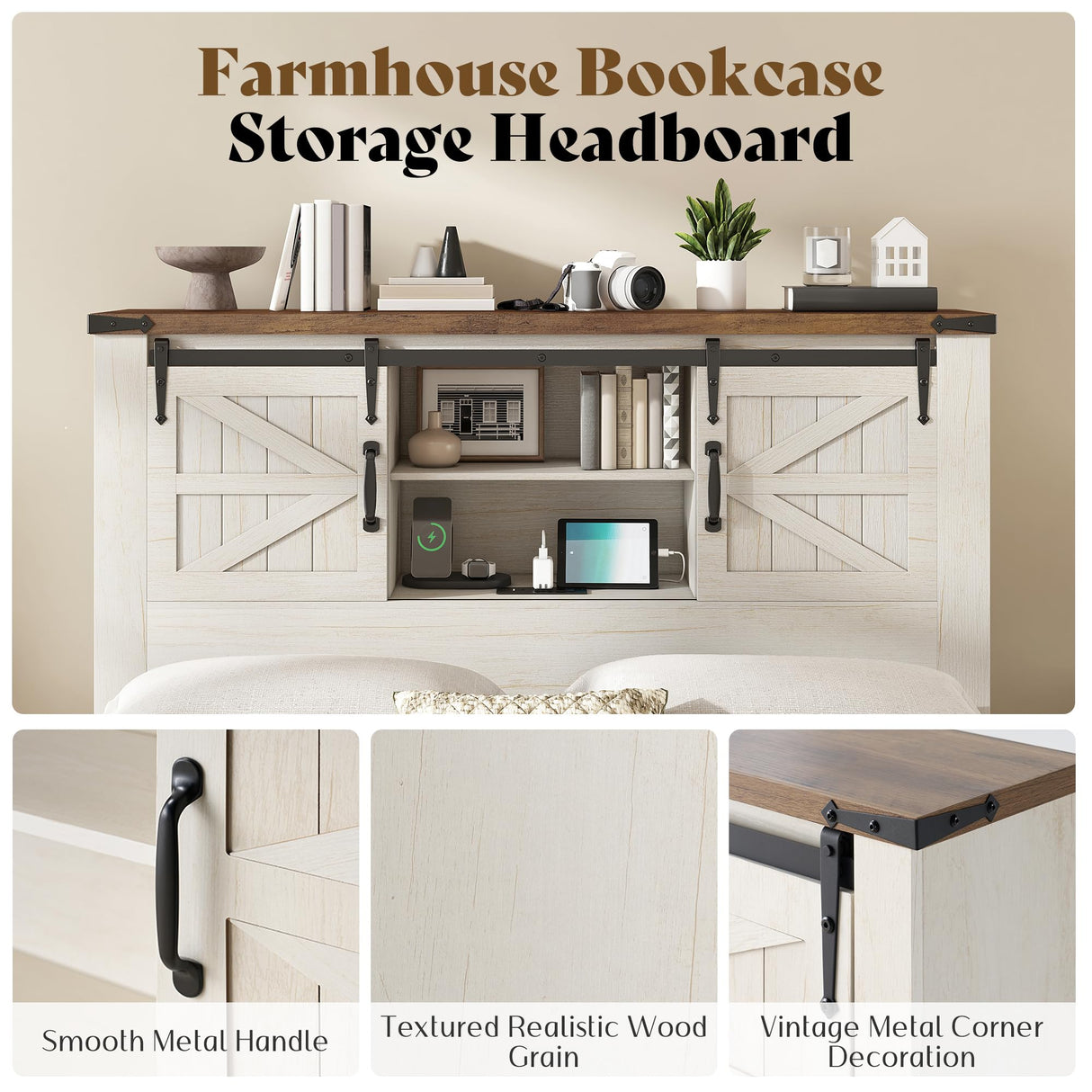 AMERLIFE Farmhouse Full Bed Frame, Rustic Wood Platform Bed Barn Door Storage Bookcase Headboard & Charging Station, Bedroom Furniture, No Box Spring Needed, Antique White AMERLIFE