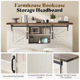 AMERLIFE Farmhouse Full Bed Frame, Rustic Wood Platform Bed Barn Door Storage Bookcase Headboard & Charging Station, Bedroom Furniture, No Box Spring Needed, Antique White AMERLIFE