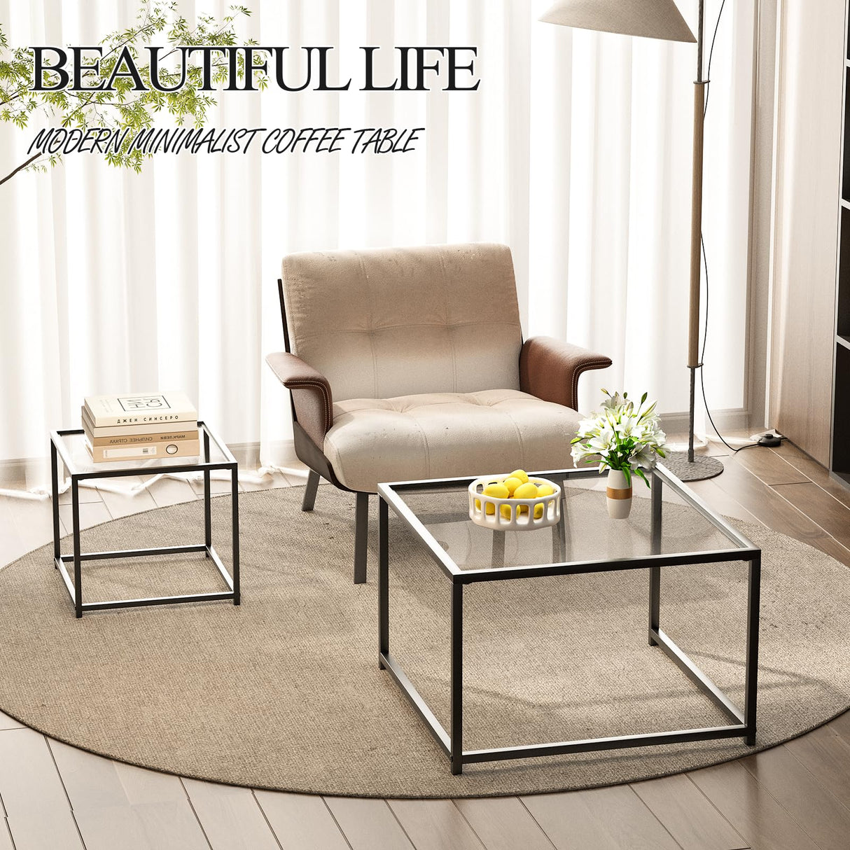 Glass Nesting Coffee Table Set of 2, Modern Minimalist Center Tables, Living Room Coffee Tables for Home, Office, Bedroom, Small Spaces, Space-Saving, Black Adompacat