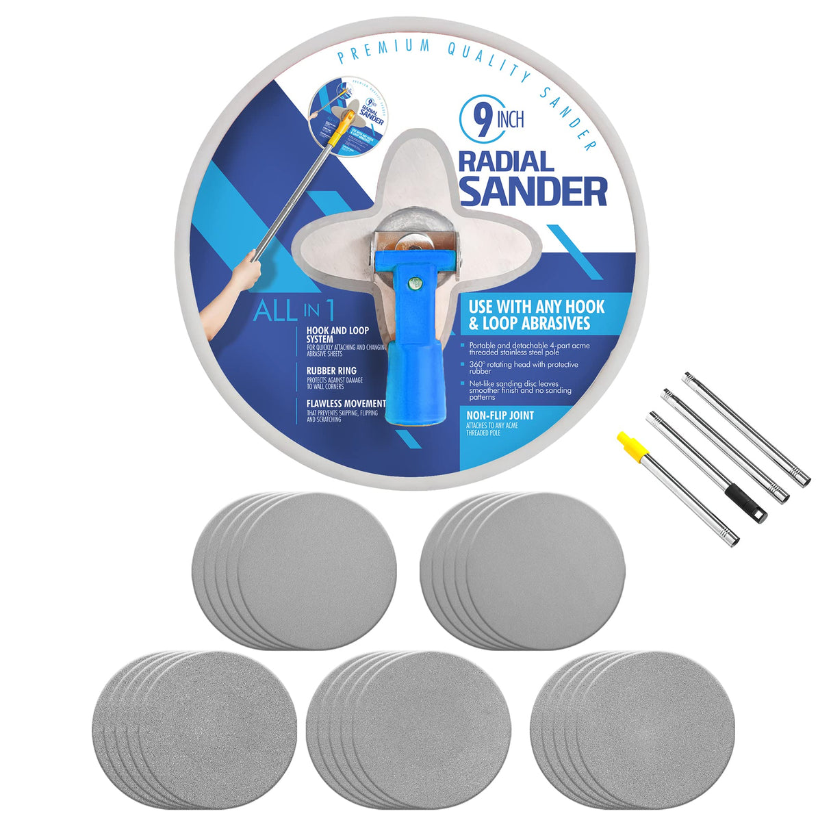 9 Inch Radial Sander for Drywall & Home Improvement Renovations, Ideal for All Home Projects - Includes 25pcs Wall Sanding Discs & Extension Pole, Use for Multiple Projects Paint Contractor Life