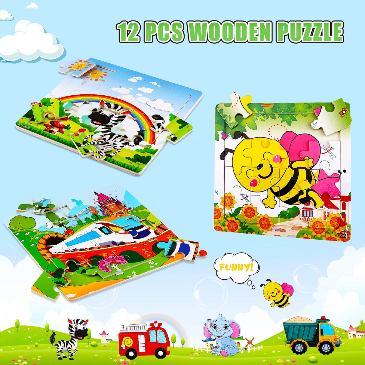 SANNIX 12 Pack Wooden Jigsaw Puzzles for Toddlers 3 4 5 Years Old, Party Favors Animals Jigsaw for Kids, Transportation Educational Puzzles Travel Toy with 12 Organize Bags SANNIX