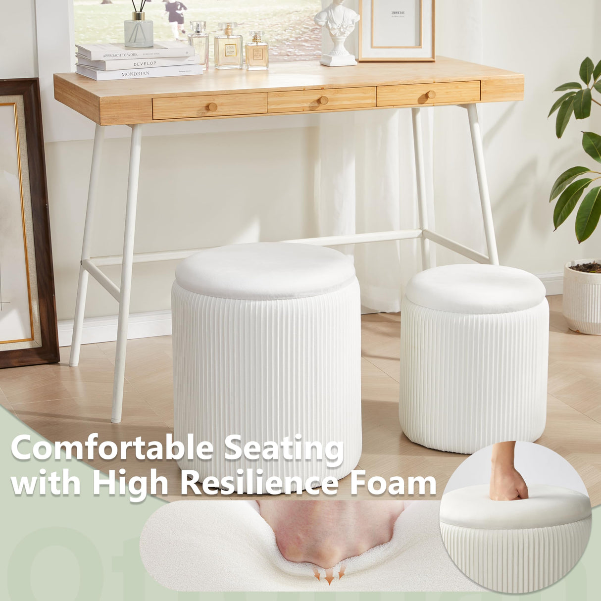 Round Ottoman with Storage Set of 2,Vanity Stool with Storage for Bedroom, Ottoman Coffee Table,Small Velvet Foot Stool Ottoman for Living Room, White Royal Windsor