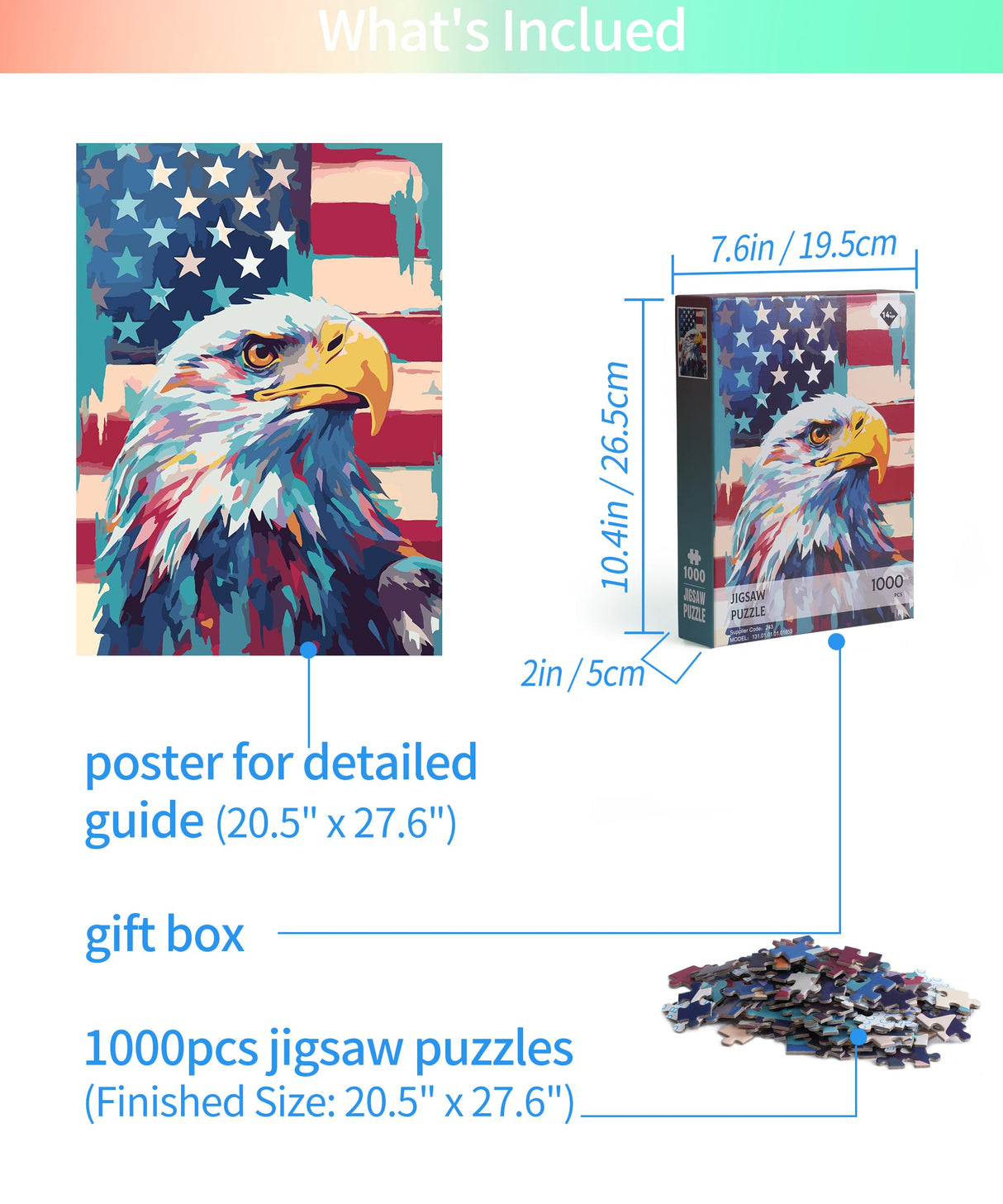 Petrala Jigsaw Puzzles 1000 Pieces for Adults Bald Eagle 1000 Piece Puzzle for Adults Fun American Flag Patriotic Jigsaw Puzzles for Adults Kit with Letters on Back, Fit Together Perfectly Petrala