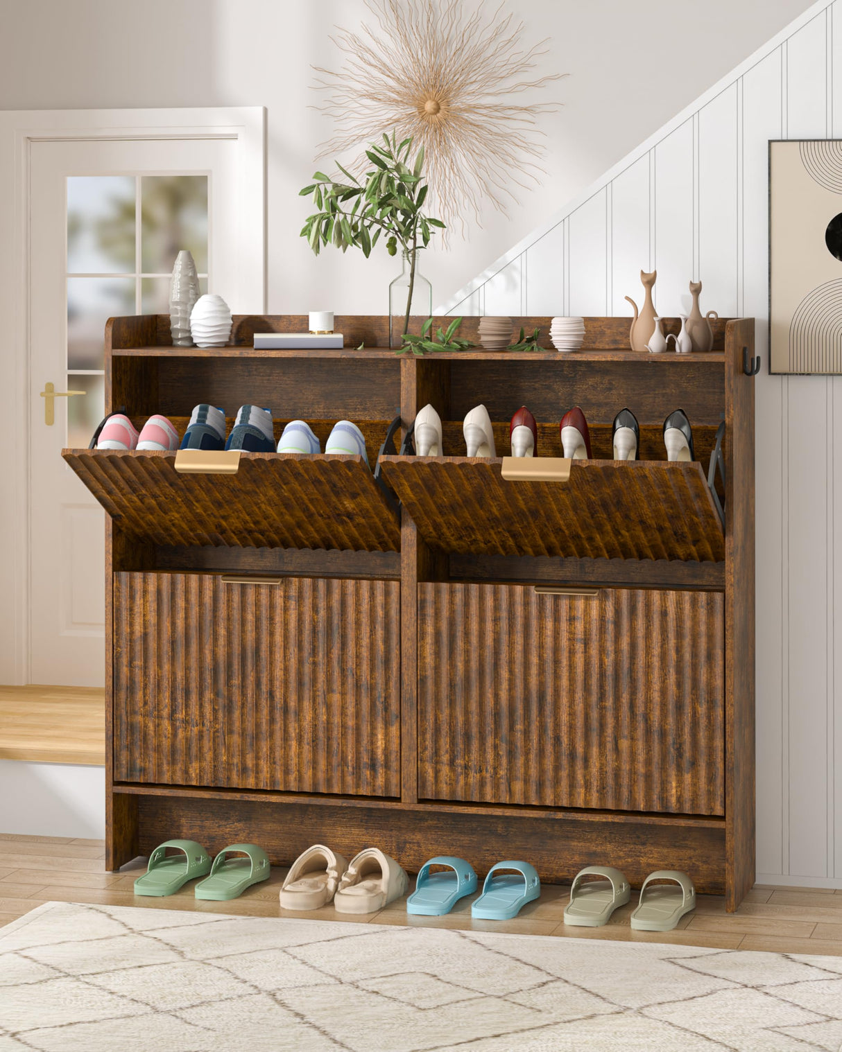 Piskyet Shoe Storage Cabinet with 2 Flip Drawers, Morden Fluted Narrow Shoes Rack Organizer Cabinet for Entryway with Anti-tilt Device,Hidden Handles,Rustic Brown Piskyet