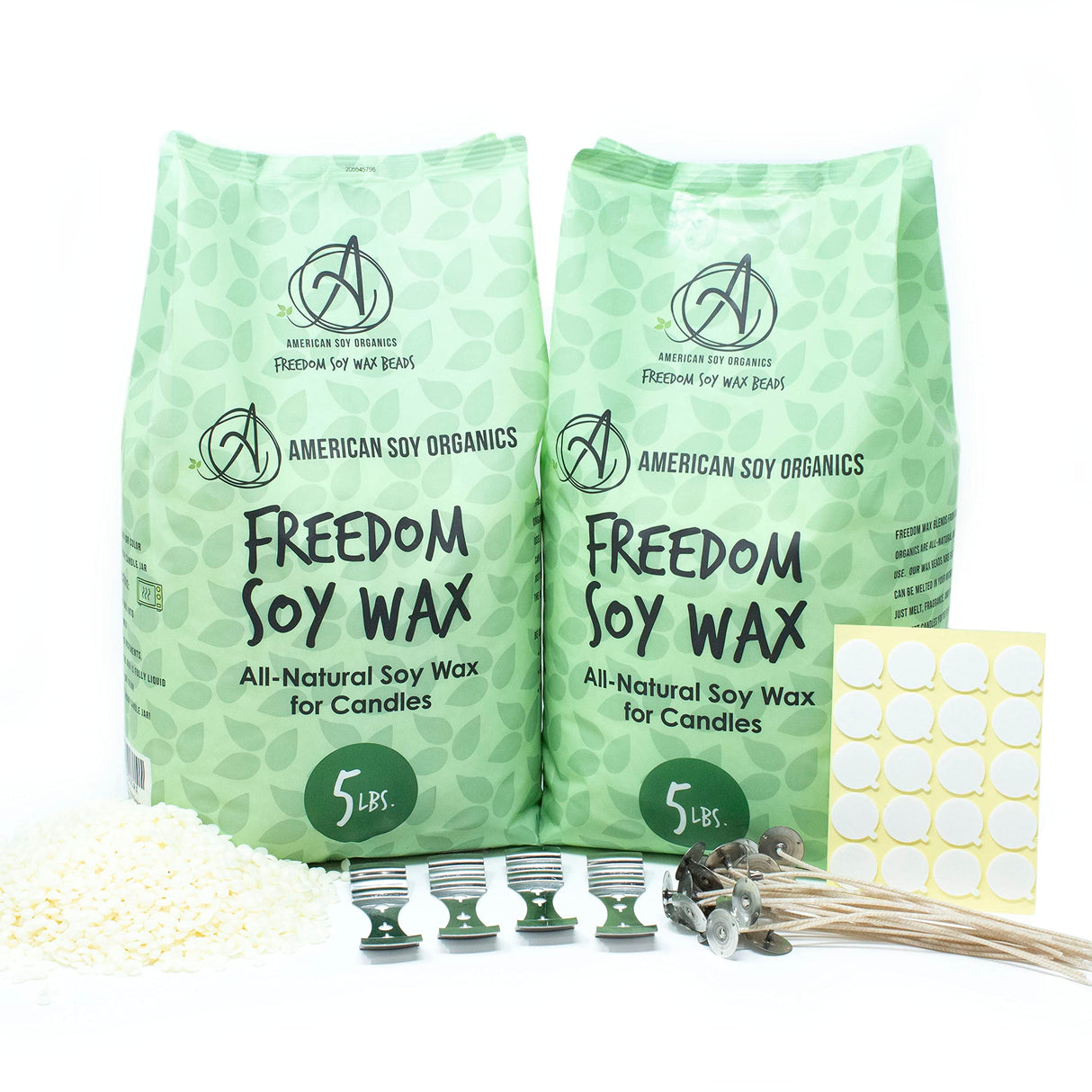 American Soy Organics Microwavable Soy Wax Beads for Candle Making – Premium Soy Candle Kit-10 pounds Freedom Soy Beads-4 Centering Devices- 20 Wick stickers-20 6-inch pre-Waxed Wicks American Soy Organics