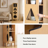 WERMO 18’’ Showcase Display Cabinet with Geometric Cut-Out Doors - Modern Curio Cabinet for Dining Room, Living Room, Entryway. Trophy Case and Collectible Display Case Wood with Door & Storage (Oak) WERMO