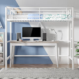 VECELO Loft Bed Twin Size, Metal Bedframe with Removable Ladder and Safety Guardrail, No Box Spring Needed, Space Saving, Noise Free, Off White VECELO