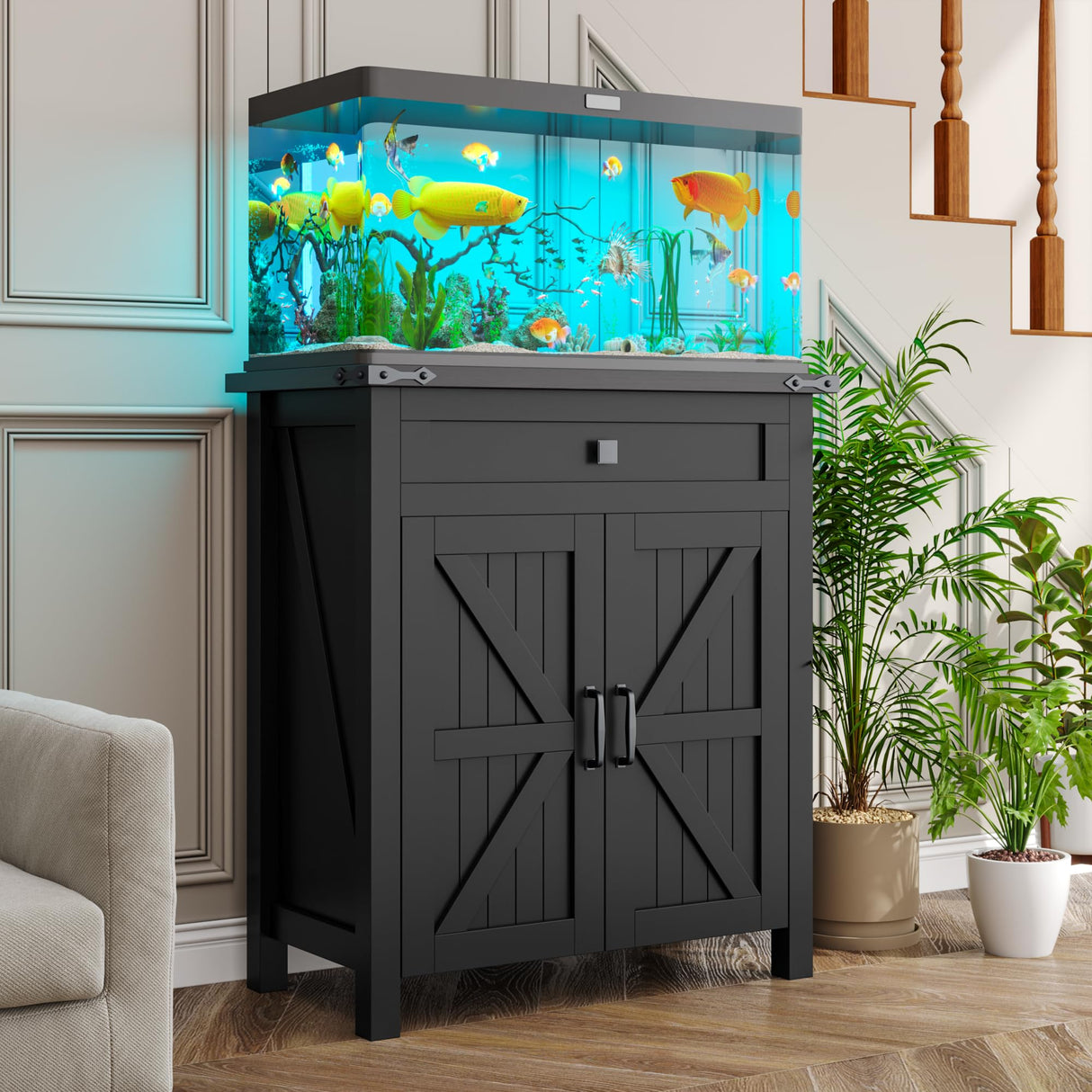 kepptory 20 Gallon Fish Tank Stand with Power Outlets, Farmhouse Decorative Aquarium Stand Furniture with Adjustable Shelves, 10-20 Gallon Reptile Turtle Tank Stand with Cabinet Storage (Black, 20GL) kepptory