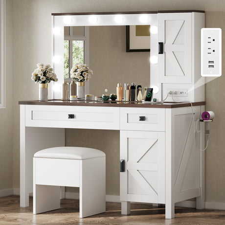DWVO Farmhouse Makeup Vanity Desk with Mirror and Lights, 42'' Big Vanity Set with Stool, Dressing Table with 2 Drawers and Storage Shelves, Charging Station, 3 Lighting Colors, White DWVO