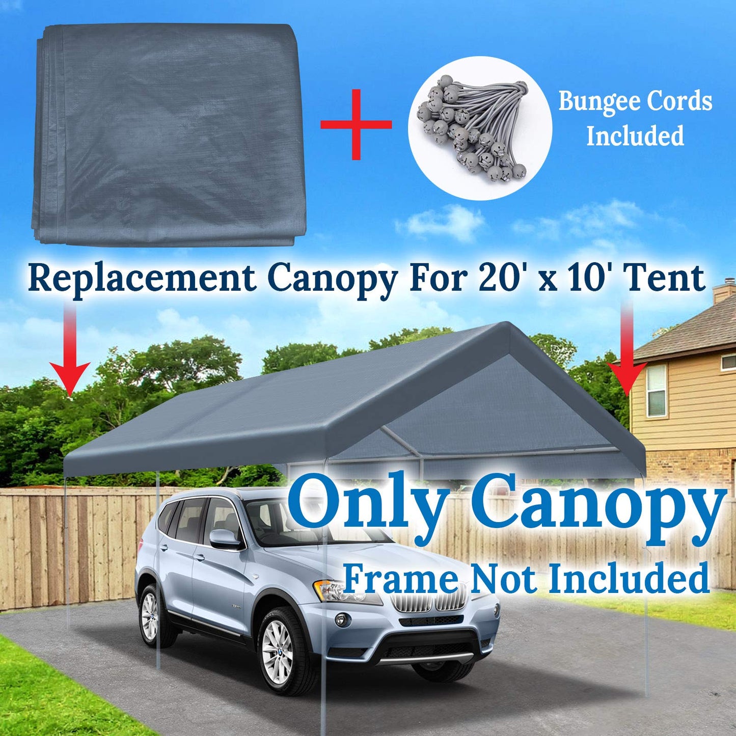 BenefitUSA Canopy ONLY 10'x20' Carport Replacement Canopy Outdoor Tent Garage Top Tarp Shelter Cover w Ball Bungees (Grey) - WoodArtSupply