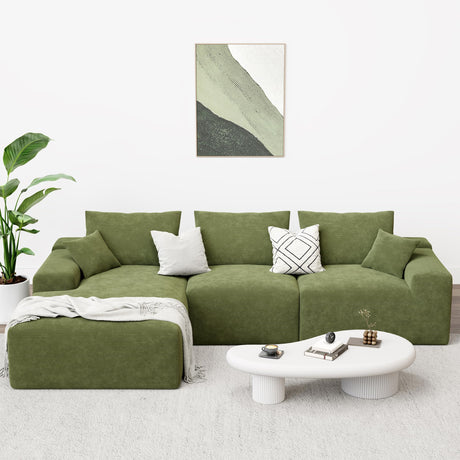 LIKIMIO 120" Boneless Couch for Living Room, Deep Seat Comfy Sectional Cloud Couch Sofa with Chaise, L-Shaped Modular Modern Sofa, No Assembly Required, Corduroy Upholstery Green LIKIMIO