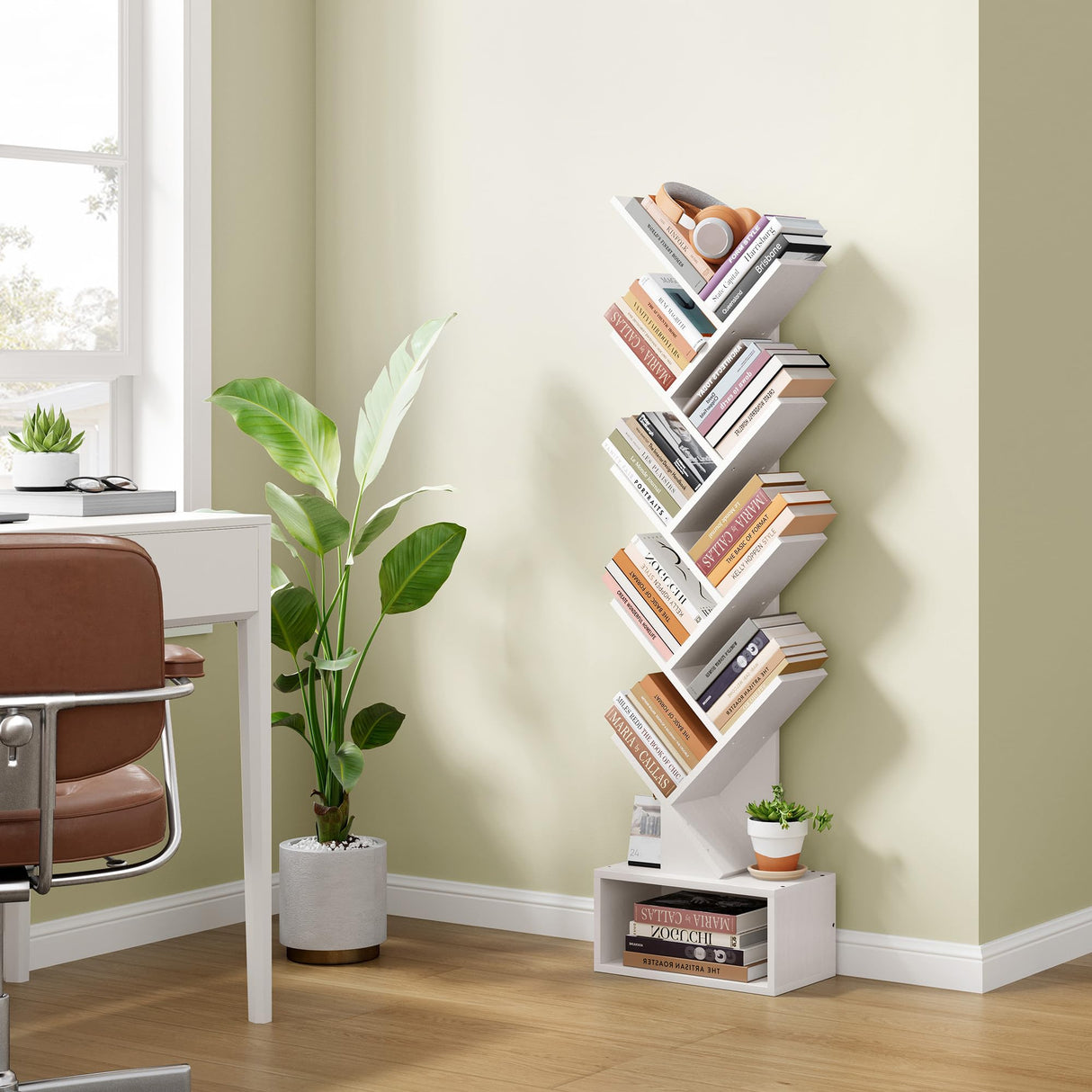 Hoctieon 9 Tier Tree Bookshelf, Tall Bookcase with Drawer, Wood Book Shelf, Modern Floor Standing Bookshelves, Book Organizer Shelves for Bedroom, Living Room, Home Office, White Hoctieon