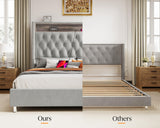 Jocisland King Size Bed Frame 53.6'' Tall Headboard LED Lights and Charging Station, Velvet High Upholstered Platform Bed Wingback Storage, No Box Spring Needed, No Motion Light Under Bed, Light Gray Jocisland
