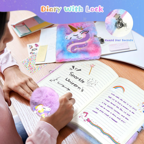 PERRYHOME Unicorns Gifts for Girls Age 4 5 6 7 8 9 10+ Birthday Back to School Day Gifts,Soft Plush Toys Set with Light-up Star Pillow,DIY 900ML Bottle,Diary,Coin Purse,Unicorn Plush Accessory PERRYHOME