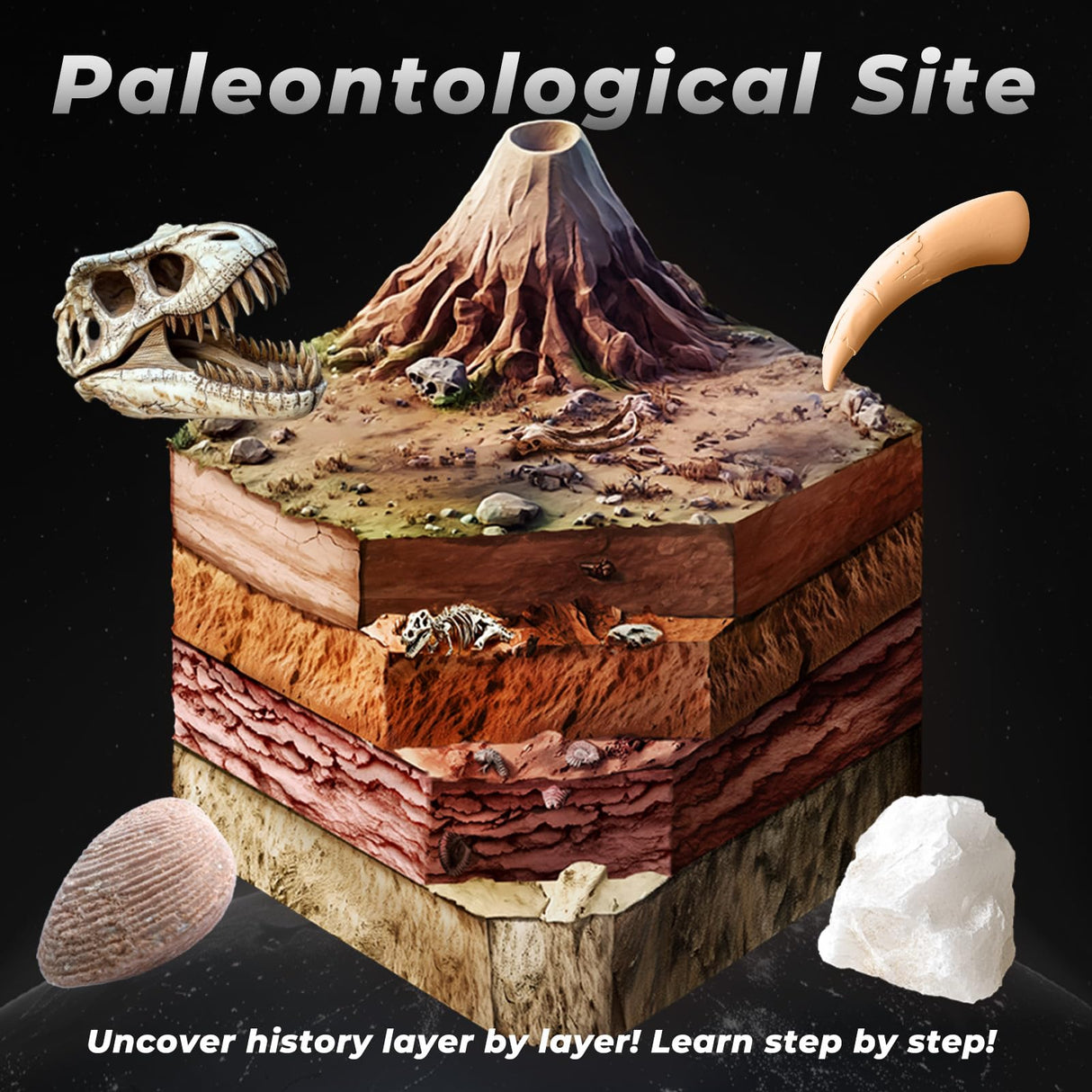 EDUMAN Paleontological Site Fossil Dig Kit for Kids, Dig Up 4 ERAS Ancient Creatures Kit, Archaeology Kits with Rocks and Minerals, Educational Stem Toy for Kids Age 6+, Birthday Gift for Boys Girls EDUMAN