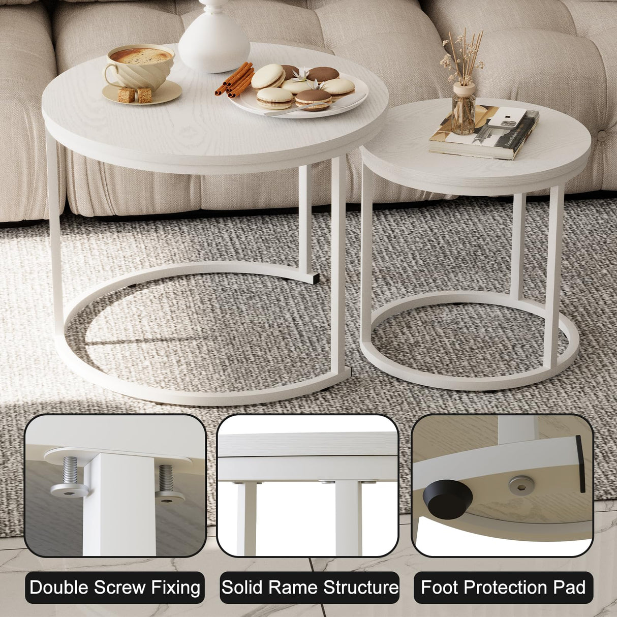 VILAWLENCE Nesting Coffee Table Round Side Table Set of 2 End Tables for Living Room Bedroom Balcony,White Wooden Stacking Accent Coffee Tables with Metal Frame VILAWLENCE