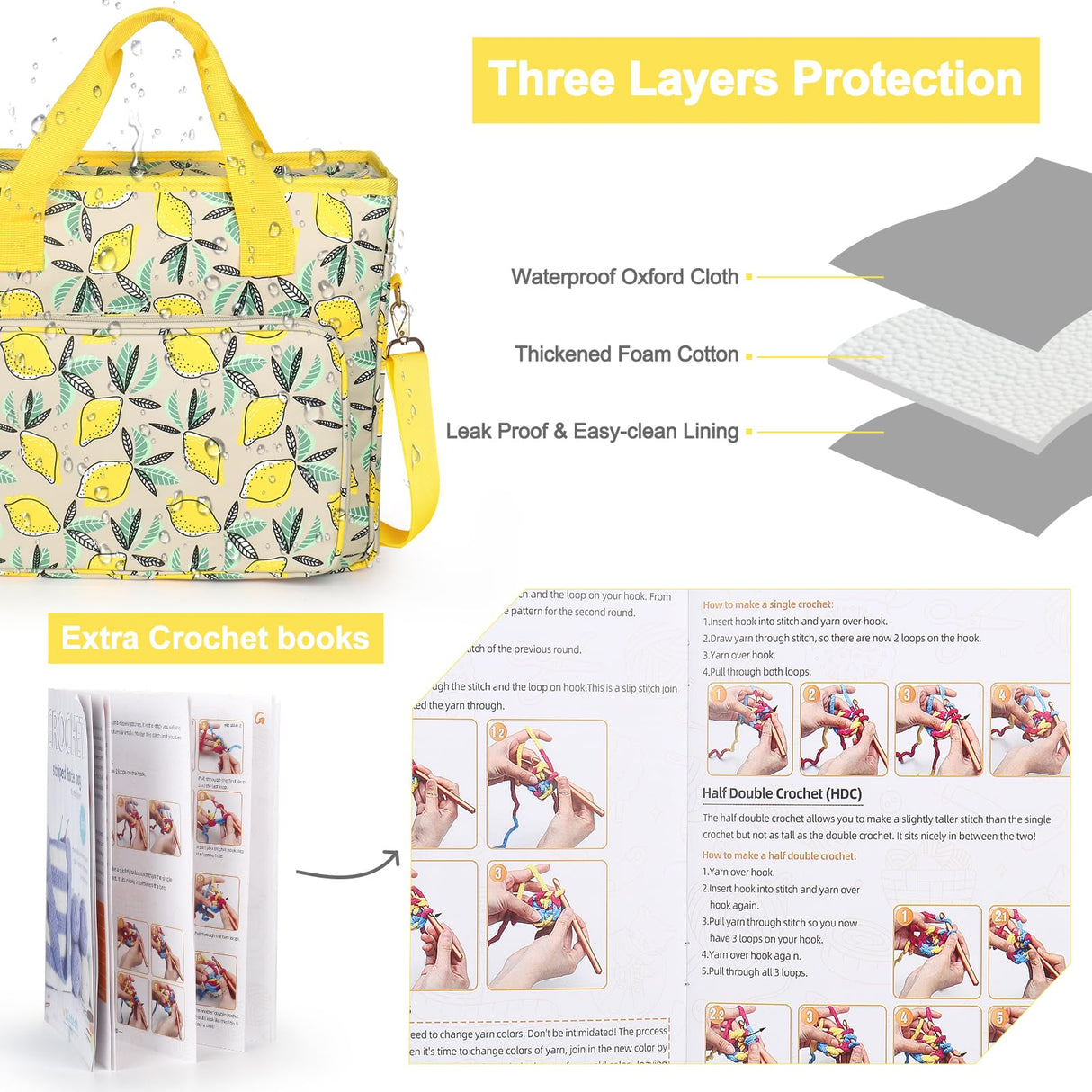 Katech Crochet Bag with Beginner Crochet Books, Large Capacity Yarn Storage Organizer Crochet Tote Bag for Carry Projects Crochet Supplies Knitting Accessories, Yarn Storage Bag with Shoulder Strap Katech