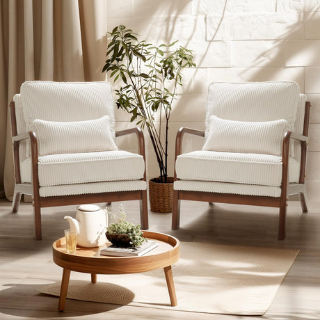 FLEXISPOT AC1 Accent Chairs Set of 2, Upholstered Mid Century Modern Corduroy Armchairs with Solid Wood Frame, Comfy Lounge Reading Chairs Farmhouse Armchairs for Living Room, Bedroom, Balcony (White) FLEXISPOT