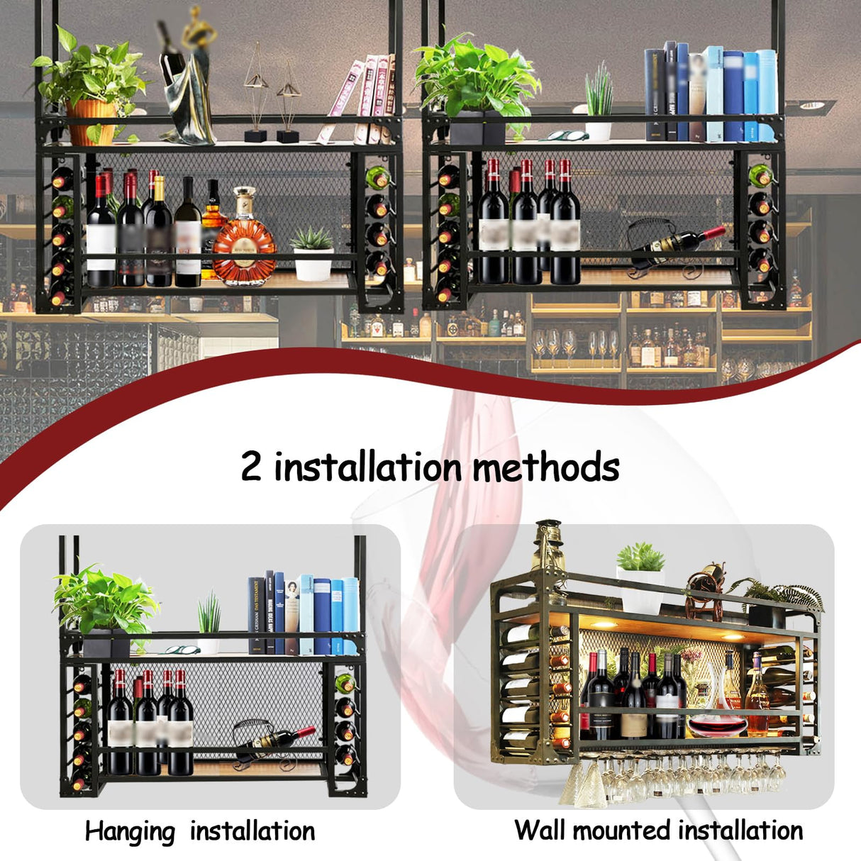 RAJYQODIS Hanging Metal Wine Rack with LED Light, 2 Tier Rustic Industrial Wine Glass Holder, Multifunctional Bar Liquor Bottle Display Storage, Wall Mounted/Hanging Installation (47.24in/120cm) RAJYQODIS