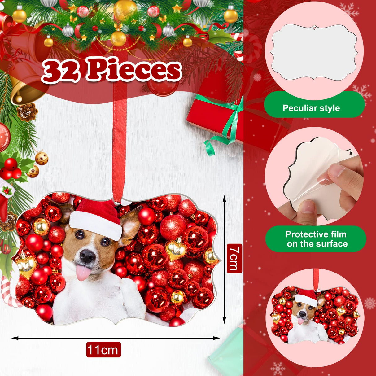 32 Pieces Christmas Sublimation Ornament Blanks Hanging Sublimation MDF Personalized Blank Ornament Double Side Sublimation Blanks Pendants with Ropes for Christmas DIY Craft Wedding Party Home Decor Maitys
