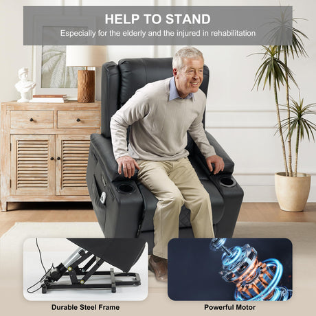 ACFOUL Power Lift Recliner Chair for Elderly with Vibration Massage and Lumbar Heating, Electric Oversized Leather Single Sofa with Cup Holders and USB & Type C Ports for Living Room, Black ACFOUL