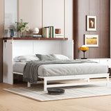 Queen Size Murphy Bed Cabinet, Murphy Bed Cabinet with Storage Drawer and Charging Station, USB Port, Solid Pine Wood Murphy Bedframe for Home Office Studio Guest Room, White Walnut RuiSiSi